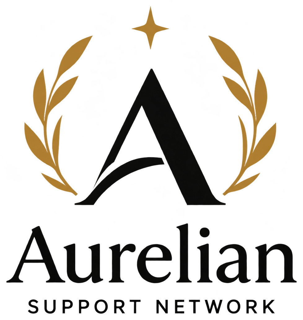 Aurelian Support Network logo: a black A framed by a gold laurel wreath and star